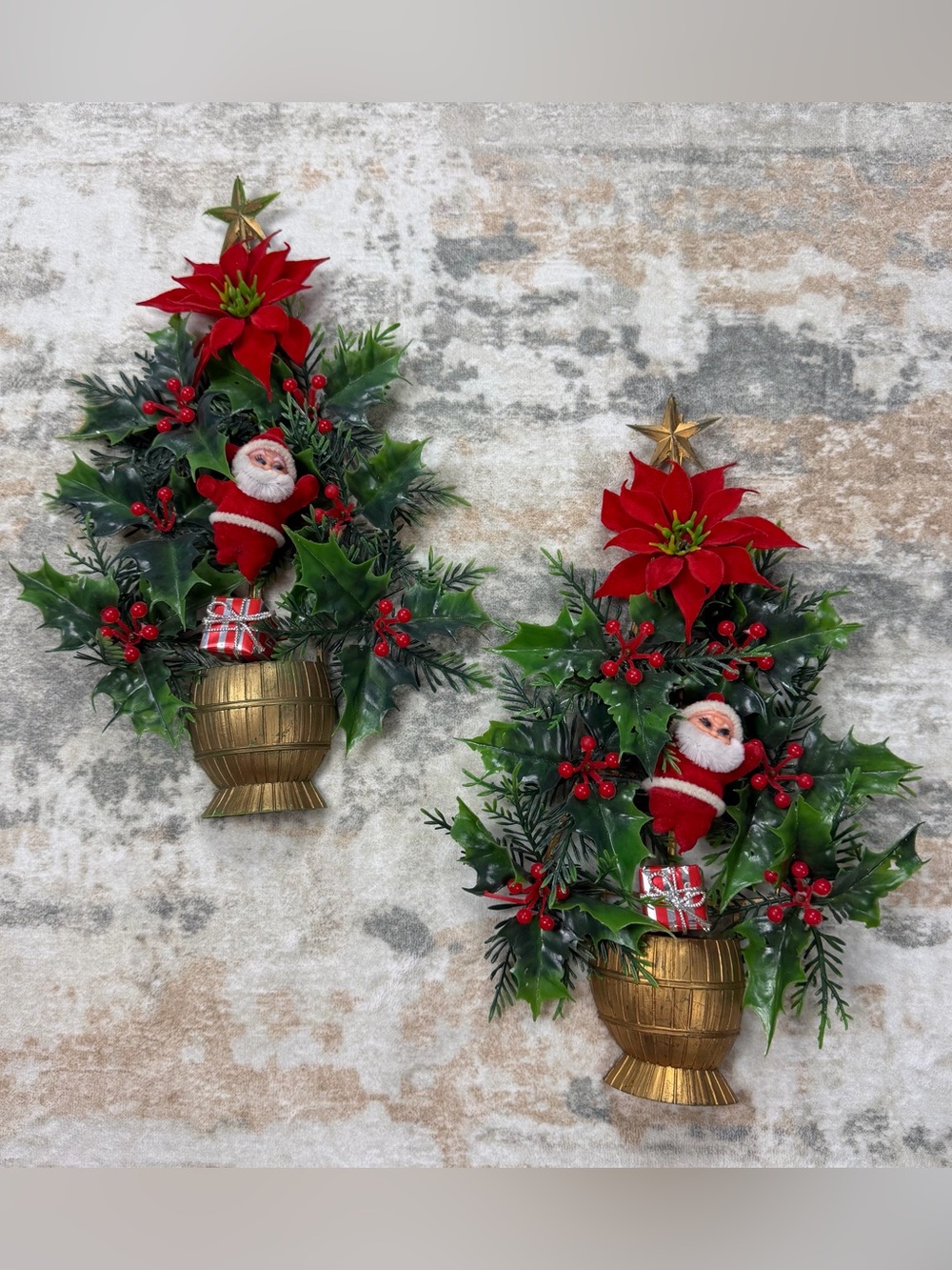 2 Plastic Christmas Tree Wall Hangings w/ Flocked Santa Greenery Vintage MCM